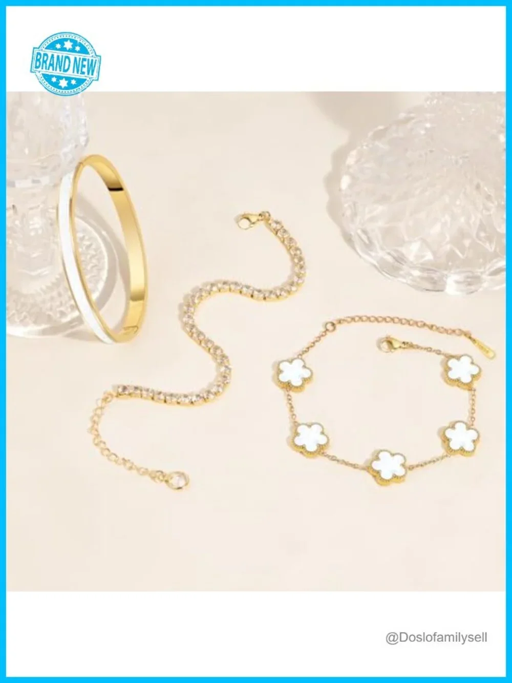 18K Gold Plated Stainless Steel Bracelet Stack Set with Bangle, Tennis, Clover